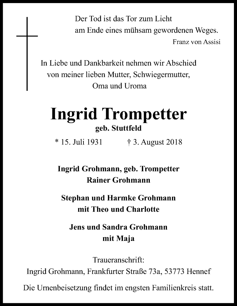  Traueranzeige für Ingrid Trompetter vom 11.08.2018 aus Kölner Stadt-Anzeiger / Kölnische Rundschau / Express