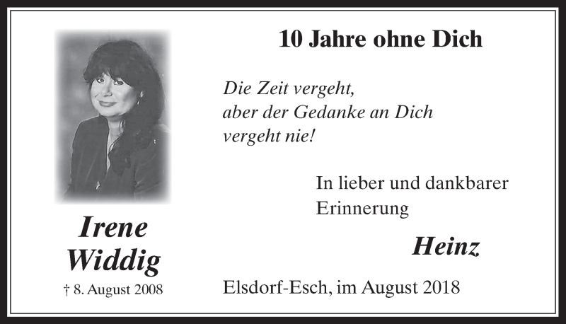  Traueranzeige für Irene Widdig vom 08.08.2018 aus  Werbepost 