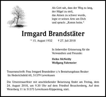 Anzeige von Irmgard Brandstäter von Kölner Stadt-Anzeiger / Kölnische Rundschau / Express