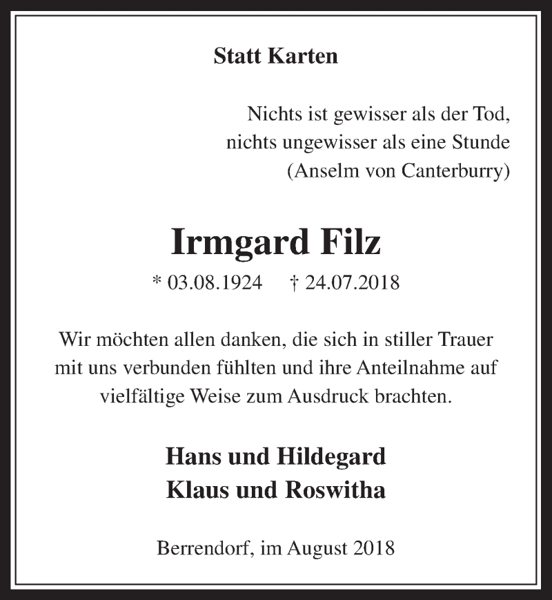  Traueranzeige für Irmgard Filz vom 29.08.2018 aus  Werbepost 