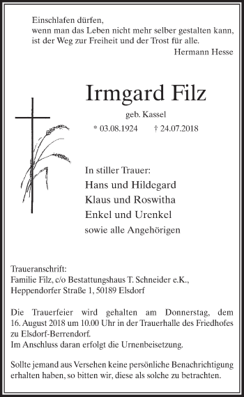 Anzeige von Irmgard Filz von  Sonntags-Post 