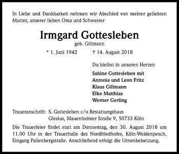 Anzeige von Irmgard Gottesleben von Kölner Stadt-Anzeiger / Kölnische Rundschau / Express