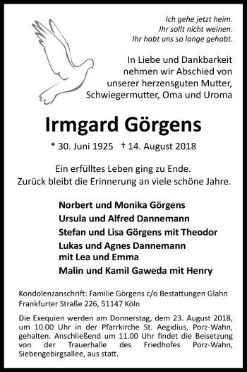 Anzeige von Irmgard Görgens von Kölner Stadt-Anzeiger / Kölnische Rundschau / Express
