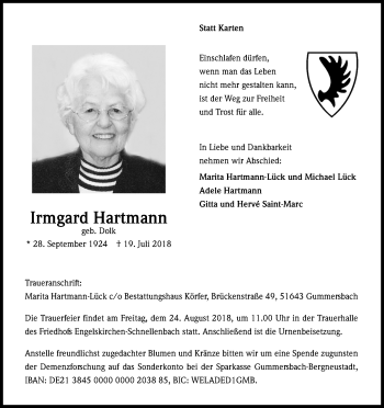Anzeige von Irmgard Hartmann von Kölner Stadt-Anzeiger / Kölnische Rundschau / Express