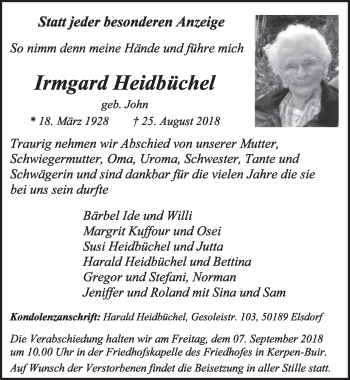 Anzeige von Irmgard Heidbüchel von  Sonntags-Post 