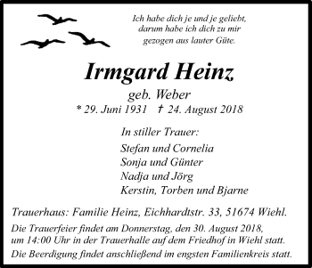 Anzeige von Irmgard Heinz von Kölner Stadt-Anzeiger / Kölnische Rundschau / Express