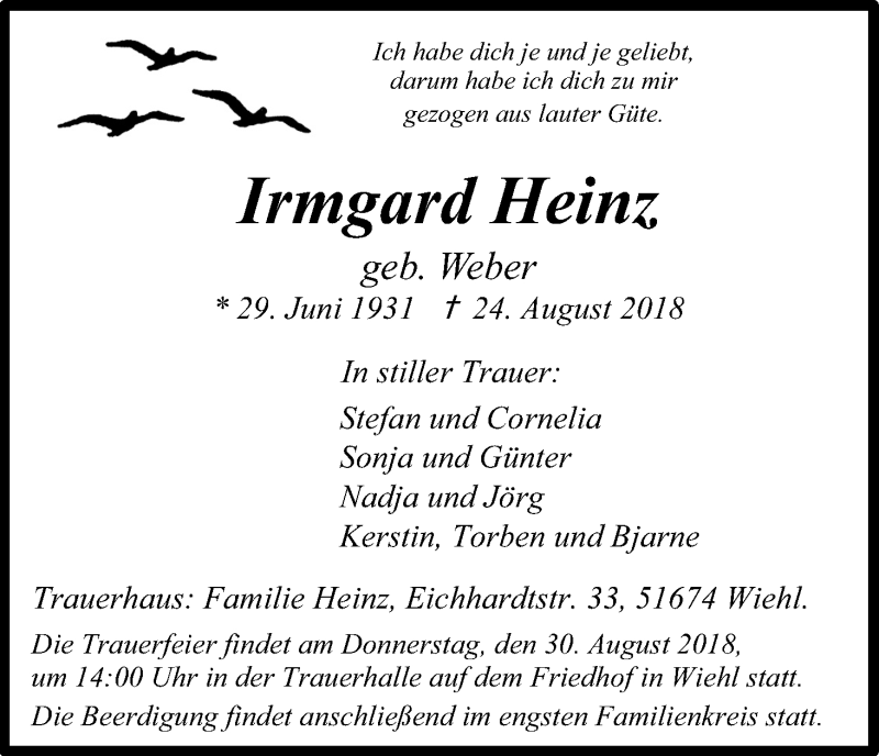  Traueranzeige für Irmgard Heinz vom 28.08.2018 aus Kölner Stadt-Anzeiger / Kölnische Rundschau / Express
