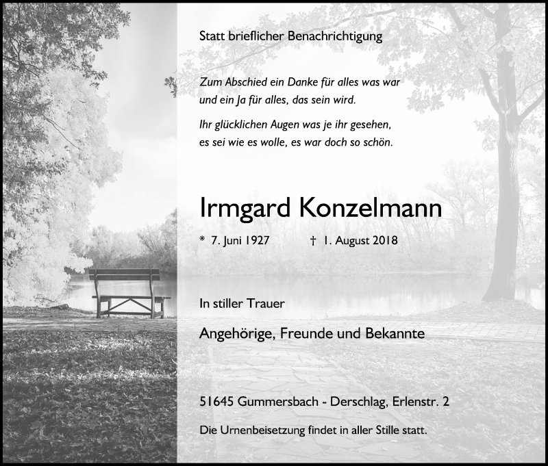 Traueranzeige für Irmgard Konzelmann vom 04.08.2018 aus Kölner Stadt-Anzeiger / Kölnische Rundschau / Express