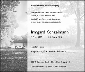 Anzeige von Irmgard Konzelmann von Kölner Stadt-Anzeiger / Kölnische Rundschau / Express