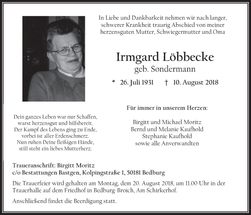  Traueranzeige für Irmgard Löbbecke vom 15.08.2018 aus  Werbepost 