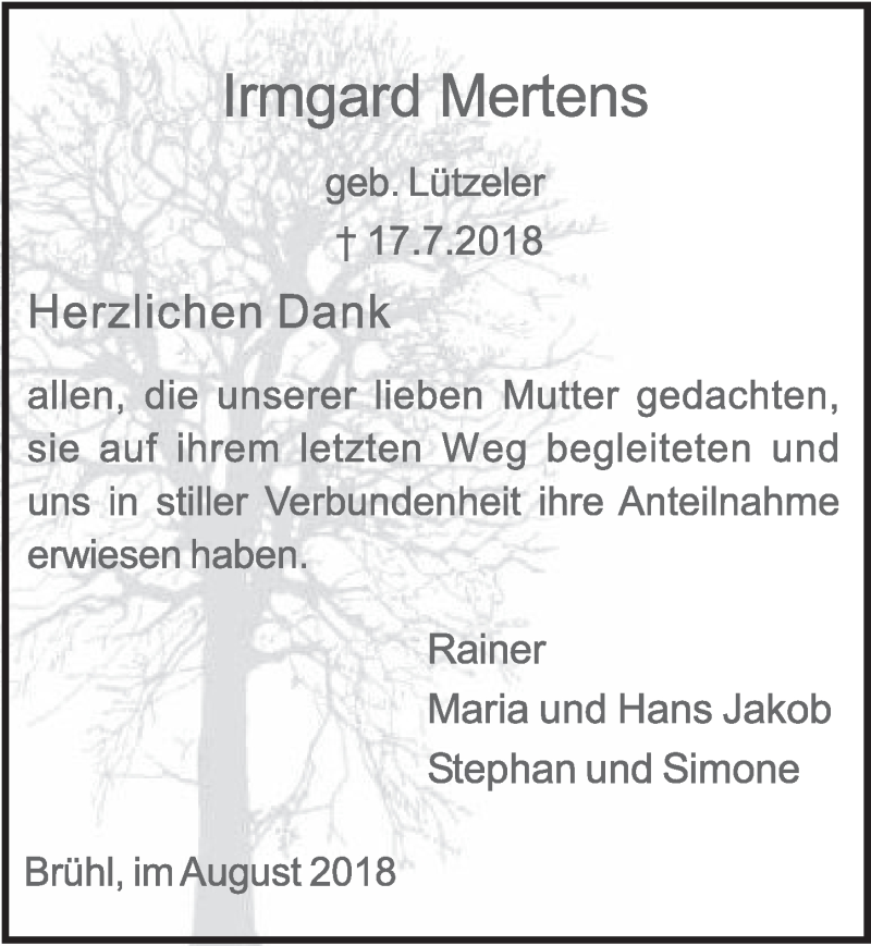  Traueranzeige für Irmgard Mertens vom 15.08.2018 aus  Schlossbote/Werbekurier 
