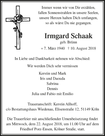 Anzeige von Irmgard Schaak 