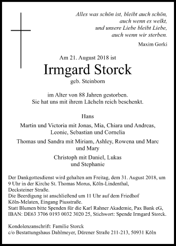 Anzeige von Irmgard Storck von Kölner Stadt-Anzeiger / Kölnische Rundschau / Express