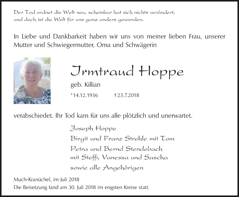  Traueranzeige für Irmtraud Hoppe vom 08.08.2018 aus  Lokalanzeiger 