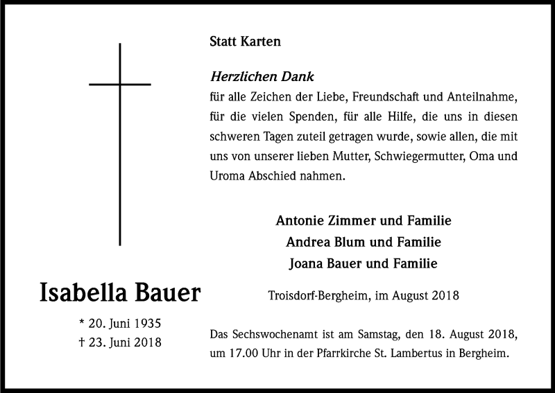  Traueranzeige für Isabella Bauer vom 11.08.2018 aus Kölner Stadt-Anzeiger / Kölnische Rundschau / Express