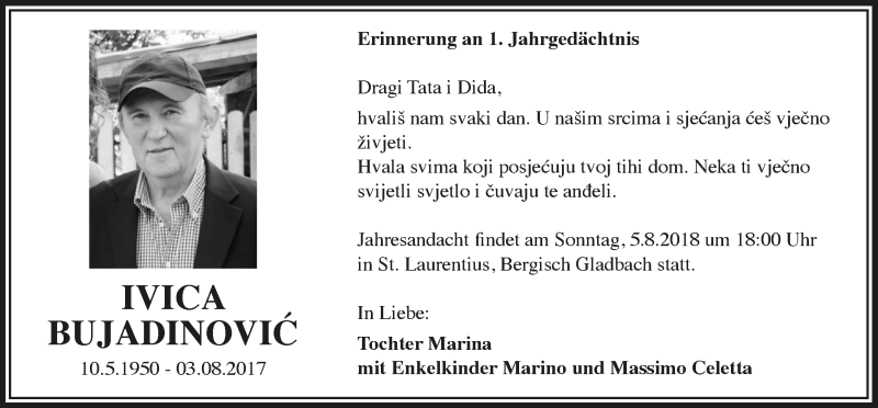  Traueranzeige für Ivica Bujadinovic vom 04.08.2018 aus  Bergisches Sonntagsblatt 