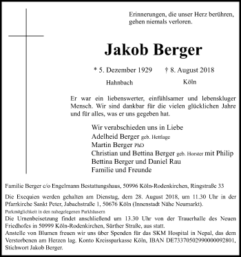 Anzeige von Jakob Berger von Kölner Stadt-Anzeiger / Kölnische Rundschau / Express