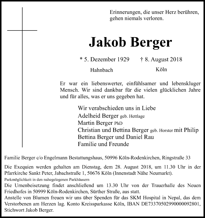  Traueranzeige für Jakob Berger vom 22.08.2018 aus Kölner Stadt-Anzeiger / Kölnische Rundschau / Express