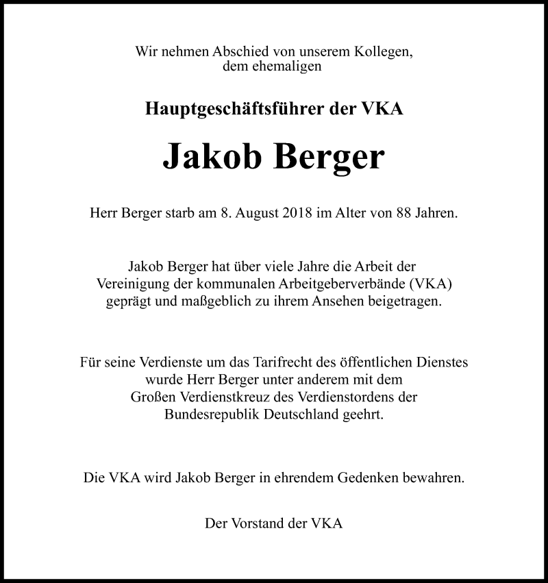  Traueranzeige für Jakob Berger vom 22.08.2018 aus Kölner Stadt-Anzeiger / Kölnische Rundschau / Express