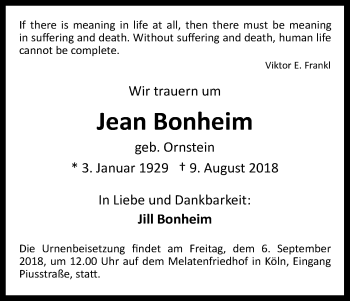 Anzeige von Jean Bonheim von Kölner Stadt-Anzeiger / Kölnische Rundschau / Express