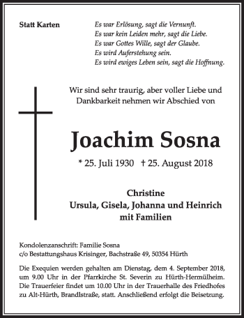 Anzeige von Joachim Sosna von  Sonntags-Post 