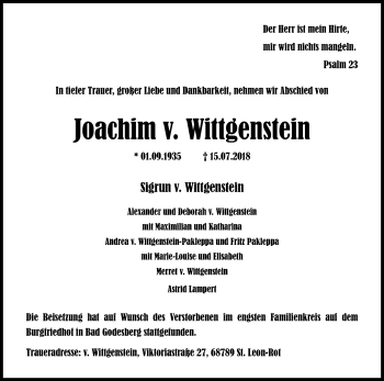 Anzeige von Joachim v. Wittgenstein von Kölner Stadt-Anzeiger / Kölnische Rundschau / Express