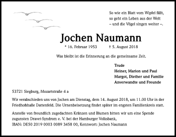 Anzeige von Jochen Naumann von Kölner Stadt-Anzeiger / Kölnische Rundschau / Express