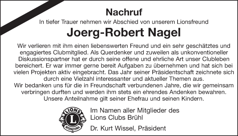  Traueranzeige für Joerg-Robert Nagel vom 08.08.2018 aus  Schlossbote/Werbekurier 