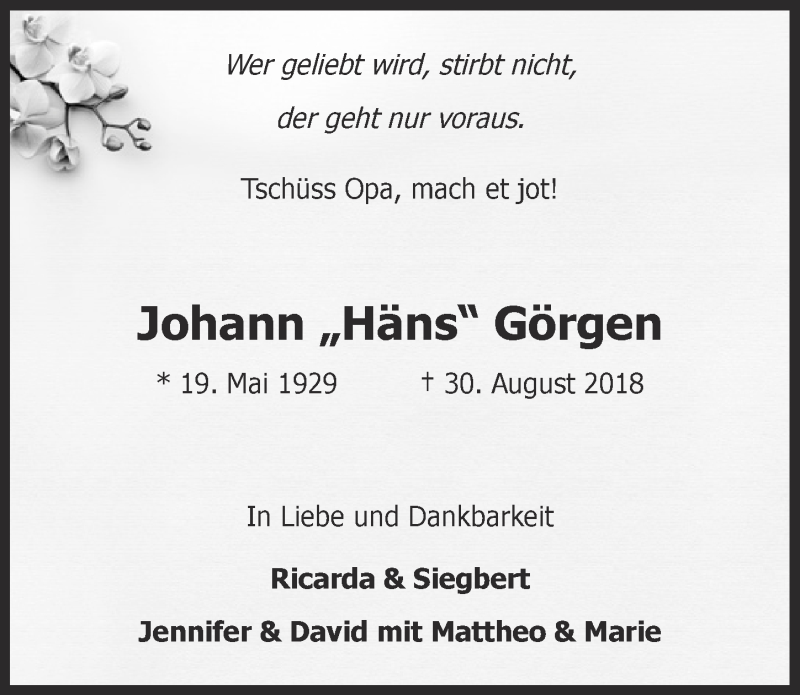  Traueranzeige für Johann Görgen vom 01.09.2018 aus  Blickpunkt Euskirchen 