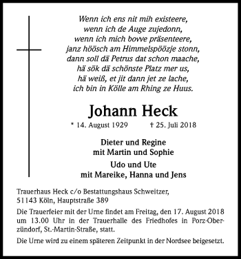 Anzeige von Johann Heck von Kölner Stadt-Anzeiger / Kölnische Rundschau / Express