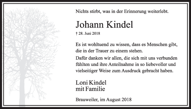  Traueranzeige für Johann Kindel vom 25.08.2018 aus  Sonntags-Post 