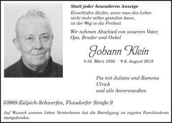 Anzeige von Johann Klein von  Blickpunkt Euskirchen 