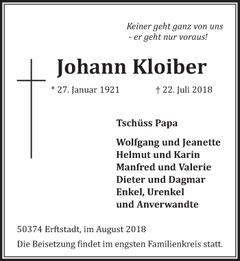 Anzeige von Johann Kloiber von  Sonntags-Post 