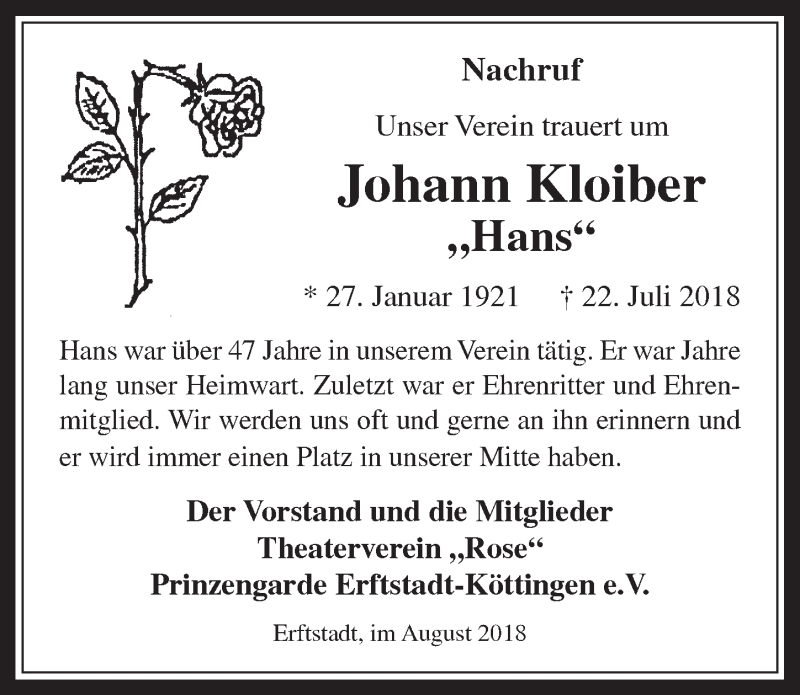  Traueranzeige für Johann Kloiber vom 15.08.2018 aus  Werbepost 