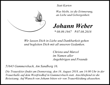 Anzeige von Johann Weber von Kölner Stadt-Anzeiger / Kölnische Rundschau / Express