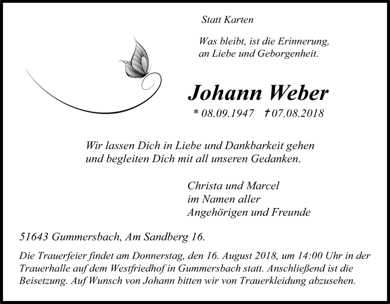  Traueranzeige für Johann Weber vom 11.08.2018 aus Kölner Stadt-Anzeiger / Kölnische Rundschau / Express