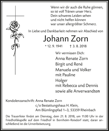 Anzeige von Johann Zorn von  Schaufenster/Blickpunkt 
