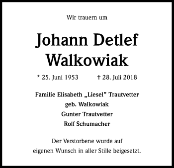 Anzeige von Johann Detlef Walkowiak von Kölner Stadt-Anzeiger / Kölnische Rundschau / Express