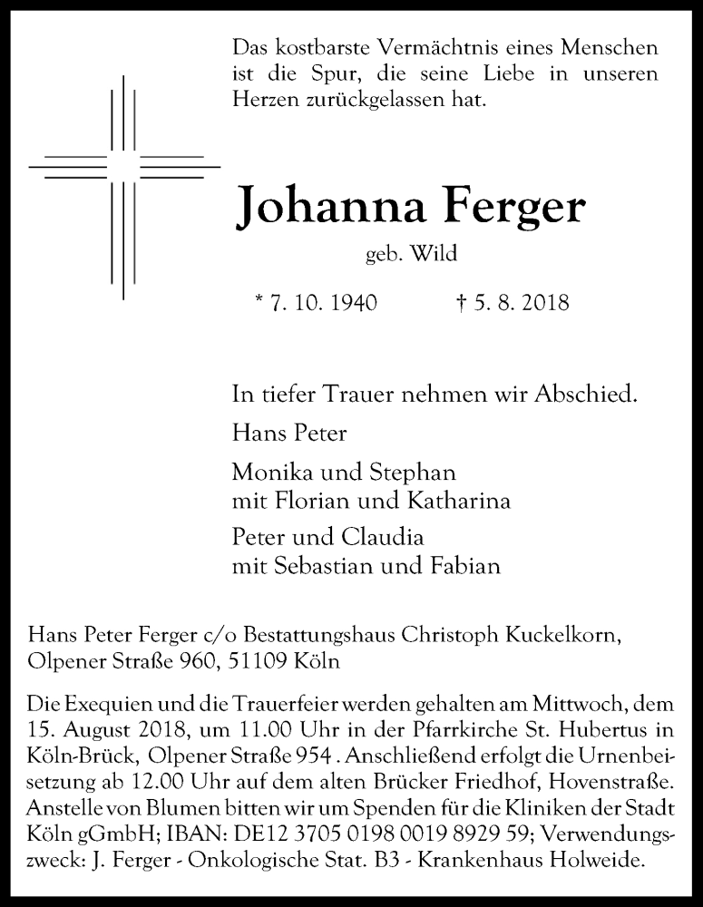  Traueranzeige für Johanna Ferger vom 11.08.2018 aus Kölner Stadt-Anzeiger / Kölnische Rundschau / Express