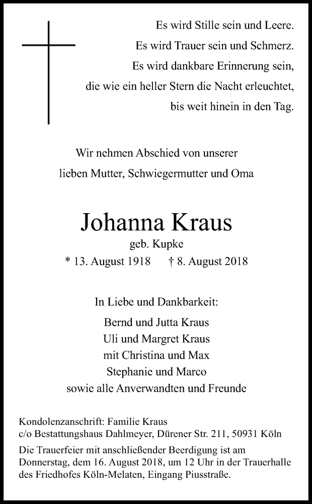  Traueranzeige für Johanna Kraus vom 11.08.2018 aus Kölner Stadt-Anzeiger / Kölnische Rundschau / Express