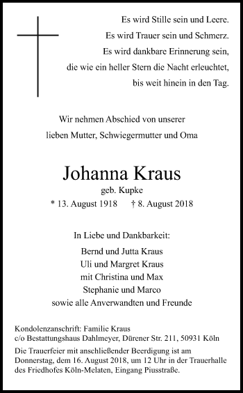 Anzeige von Johanna Kraus von Kölner Stadt-Anzeiger / Kölnische Rundschau / Express