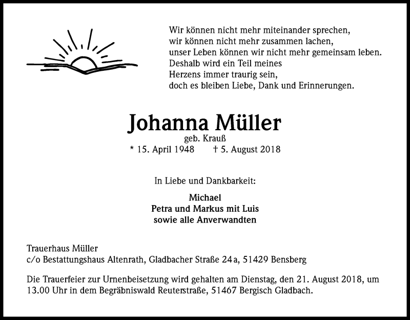  Traueranzeige für Johanna Müller vom 15.08.2018 aus Kölner Stadt-Anzeiger / Kölnische Rundschau / Express