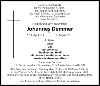 Anzeige von Johannes Demmer von Kölner Stadt-Anzeiger / Kölnische Rundschau / Express