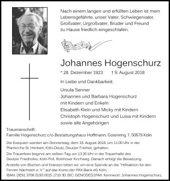 Anzeige von Johannes Hogenschurz von Kölner Stadt-Anzeiger / Kölnische Rundschau / Express