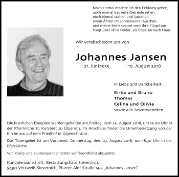 Anzeige von Johannes Jansen von Kölner Stadt-Anzeiger / Kölnische Rundschau / Express
