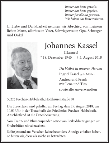 Anzeige von Johannes Kassel von  Sonntags-Post 