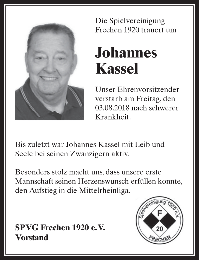  Traueranzeige für Johannes Kassel vom 15.08.2018 aus  Wochenende 