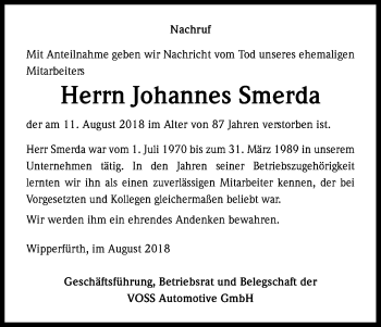 Anzeige von Johannes Smerda von Kölner Stadt-Anzeiger / Kölnische Rundschau / Express