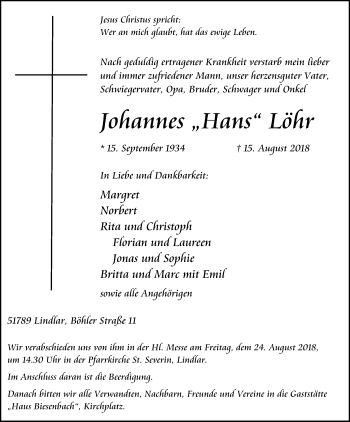 Anzeige von Johannes Hans Löhr von Kölner Stadt-Anzeiger / Kölnische Rundschau / Express