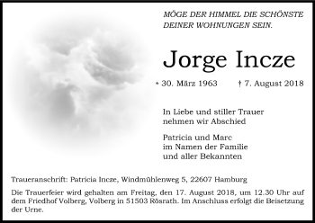 Anzeige von Jorge Incze von Kölner Stadt-Anzeiger / Kölnische Rundschau / Express